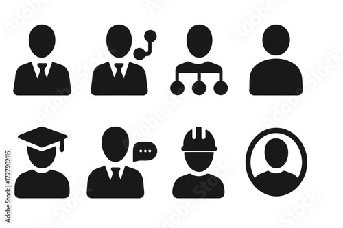Corporate Hierarchy Icons. Solid, filled icon set of hierarchy levels: CEO, manager, team lead, employee, intern, consultant, contractor, board member. Solid,