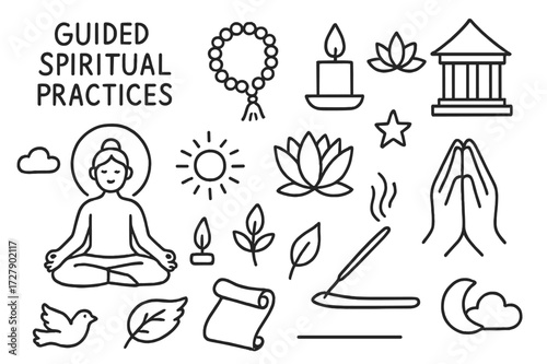 Spiritual Symbols Doodle. Hand-drawn doodle illustration [Guided spiritual practices] [meditation pose, prayer beads, candle, lotus flower, temple, hands in