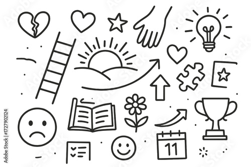 Journey of Growth. Hand-drawn doodle illustration overcoming disappointment ladder, sunrise, hand reaching out, heart, light bulb, star, open book, puzzle