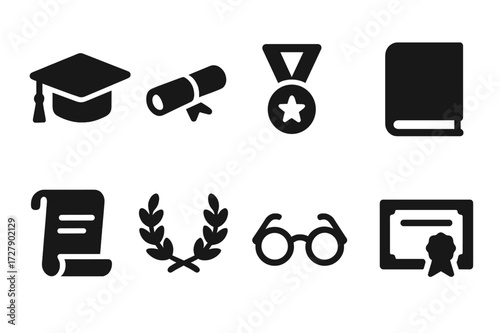 Academic Icons Grid. Solid, filled icon set of academic titles: graduation cap, diploma, medal, book, scroll, laurel wreath, glasses, certificate. Solid,