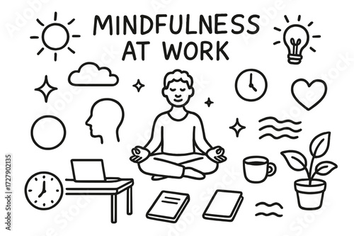 Mindfulness Doodle Icons. Hand-drawn doodle illustration Mindfulness at Work [lotus pose, head silhouette, sparkle, star, heart, clock, desk, laptop, notebook,