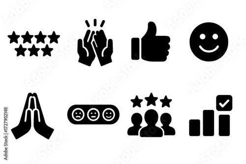 Feedback Icon Set. Solid, filled icon set of feedback applause icons: rating stars, applause icon, thumbs up, satisfaction face, thank you gesture, reaction