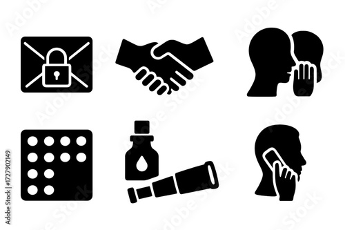 Secret Communication Icons. Solid, filled icon set of secret communication: locked envelope, secret handshake, hidden message, whispering faces, coded message,