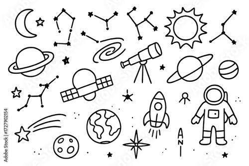 Astronomy Doodle Icons. Hand-drawn doodle illustration Constellations and stars constellation lines, stars, planet, moon, sun, telescope, rocket, galaxy swirl,