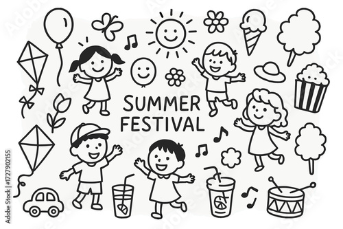 Summer Festival Doodle. Hand-drawn doodle illustration children at summer festival smiling face, balloon, kite, toy, ice cream cone, cotton candy, popcorn box,