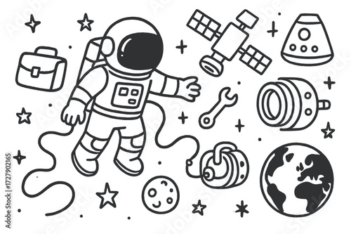 Astronaut Spacewalk Doodle. Hand-drawn doodle illustration astronaut spacewalk astronaut, tether, helmet, gloves, jetpack, wrench, satellite, docking port,