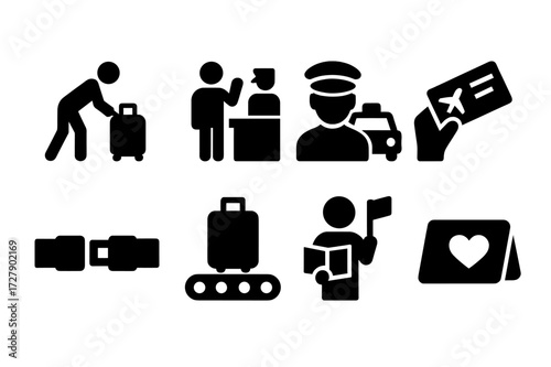 Politeness Travel Icons. Solid, filled icon set of politeness in travel: luggage assistance, greeting customs officer, polite taxi driver, boarding pass,