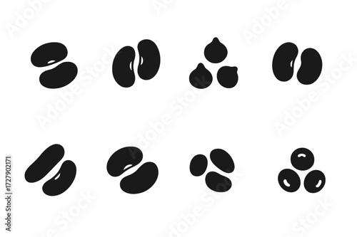 Bean Icon Grid. Solid, filled icon set of bean types in salad: black beans, kidney beans, chickpeas, pinto beans, cannellini beans, lima beans, navy beans,