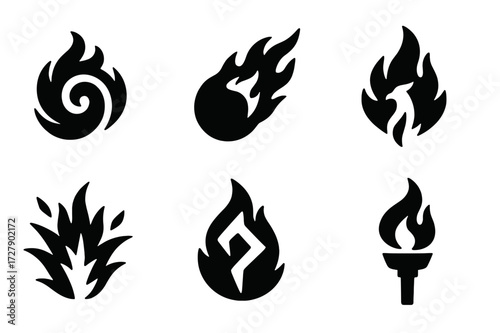 Elemental Fire Icons. Solid, filled icon set of elemental fire: fire swirl, fireball, phoenix spark, lava drop, fireburst, molten rune, searing wind, elemental