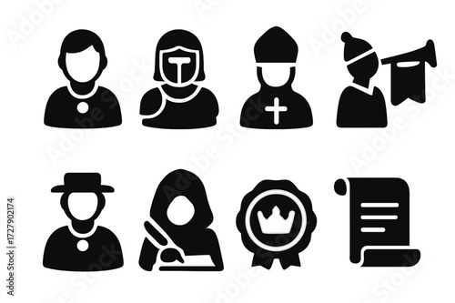 King's Council Icons. Solid, filled icon set of king?s advisors and council: advisor, knight, bishop, herald, diplomat, scribe, royal seal, scroll. Solid,