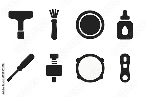 Drum Maintenance Icons. Solid, filled icon set of drum maintenance: tuning key, cleaning brush, replacement drumhead, lubricant, screwdriver, drum lug, drum