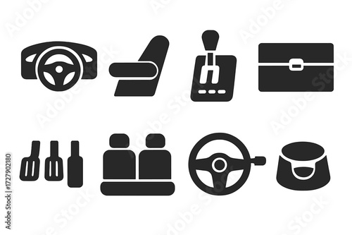 Luxury Car Interior Icons. Solid, filled icon set of luxury car interiors: dashboard, armrest, center console, glove box, foot pedals, rear seats, steering