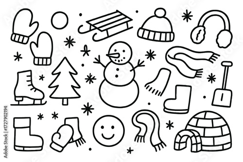 Winter Fun Doodles. Hand-drawn doodle illustration Outdoor snow fun with mittens [mittens, snowball, sled, snowman, pine tree, hat, scarf, ice skate, star,