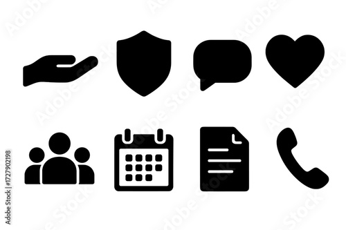 Job Loss Support Icons. Solid, filled icon set of job loss support: helping hand, shield, chat bubble, heart, group of people, calendar, document, phone. [Line