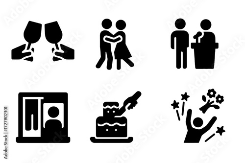 Banquet Icon Set. Solid, filled icon set of banquet activities: toast, dancing, speech, award ceremony, photo booth, cake cutting, bouquet toss, fireworks.