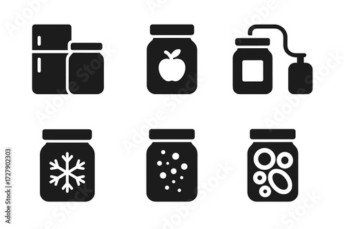 Preservation Method Icons. Solid, filled icon set of jar preservation methods: refrigeration, canning, vacuum sealing, freezing, sterilizing, fermenting,