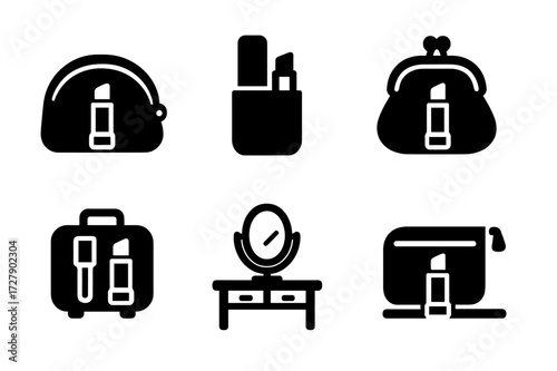 Lip Balm Storage Icons. Solid, filled icon set of lip balm storage: makeup bag, pocket case, drawer, purse, travel kit, vanity table, cosmetic pouch, shelf.