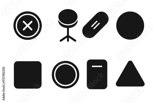 Drum Muting Icons. Solid, filled icon set of muting pad accessories: drum mute pad, practice pad, sound dampener, drumhead mute, foam pad, rubber pad, silencer