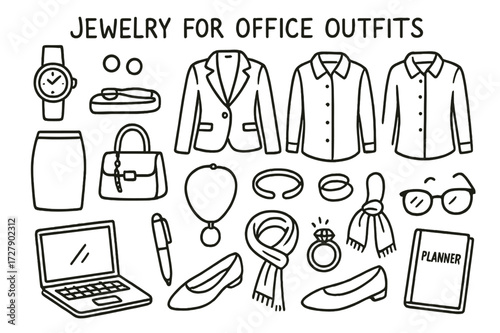 Office Jewelry Doodles. Hand-drawn doodle illustration Jewelry for office outfits [watch, stud earrings, blazer, button-up shirt, pencil skirt, handbag,