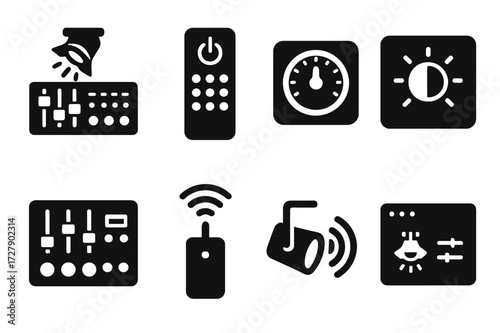 Spotlight Control Icons. Solid, filled icon set of spotlight control devices: lighting console, remote control, timer, dimmer switch, control panel, wireless