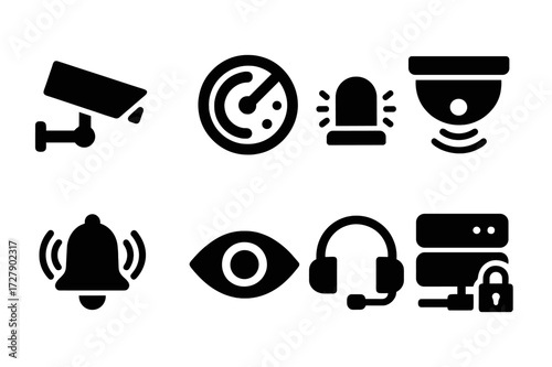 Security Icon Set. Solid, filled icon set of security monitoring: CCTV camera, radar, alarm, motion sensor, alert bell, eye, headset, secure server. [Line