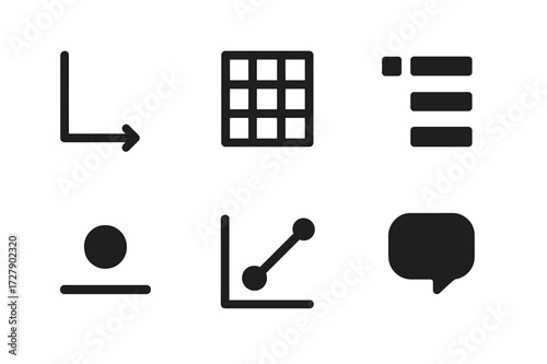 Chart Element Icons. Solid, filled icon set of chart elements: axis, grid, legend, data point, trend line, label, tooltip, marker. [Line icons in only black