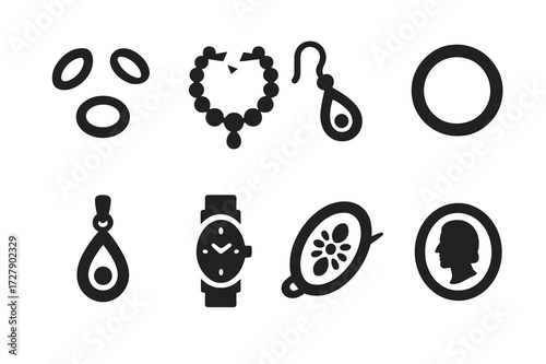 Lost Jewelry Icons. Solid, filled icon set of found jewelry: lost ring, broken necklace, dropped earring, old bracelet, hidden pendant, missing