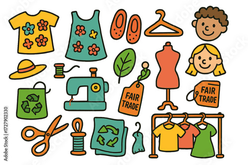 Children's Eco Fashion. Conscious fashion. Colorful Hand-drawn doodle Children illustration T-shirt, dress, shoes, eco bag, hanger, mannequin, leaf symbol,