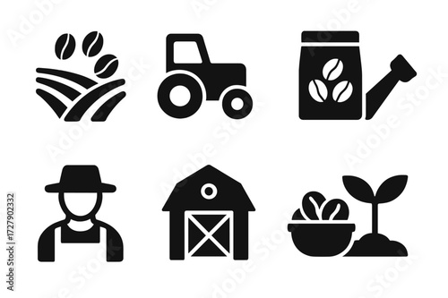 Bulk Beans Icons. Solid, filled icon set of bulk beans farming: field, tractor, seed packet, watering can, farmer, barn, basket, plant sprout. [Line icons in