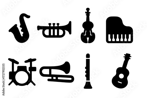 Jazz Instrument Icons. Solid, filled icon set of jazz instruments: saxophone, trumpet, double bass, piano, drum kit, trombone, clarinet, guitar. Solid, filled