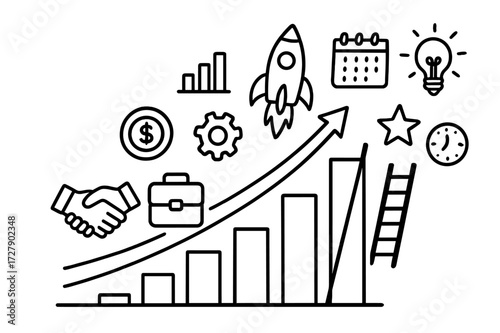 Business Growth Icons. Hand-drawn doodle illustration Business growth stages graph arrow, coin, dollar sign, briefcase, handshake, gear, rocket, ladder,
