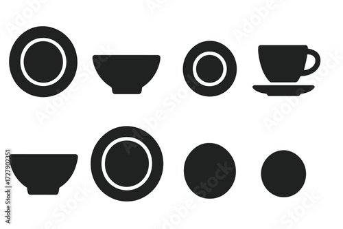 Basic Dishware Icons. Solid, filled icon set of basic dishware: dinner plate, soup bowl, salad plate, teacup, saucer, cereal bowl, charger plate, dessert