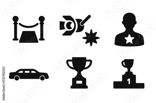 Red Carpet Icons. Solid, filled icon set of red carpet event elements: red carpet, velvet rope, spotlight, paparazzi camera, celebrity silhouette, limousine,