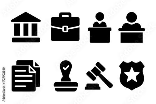 Legal Icons Grid. Solid, filled icon set of legal procedures: courtroom, lawyer briefcase, witness stand, judge?s bench, legal papers, stamp of approval,