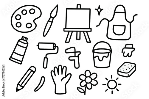 Art Tools Doodle. Hand-drawn doodle illustration Painter palette, paintbrush, canvas, easel, paint tube, roller, bucket, star, spark, pencil, sponge, apron,