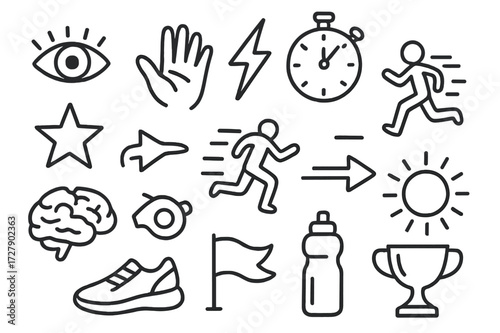 Fast Reflexes Doodle Icons. Hand-drawn doodle illustration fast reflexes eye, hand, lightning bolt, stopwatch, arrow, star, sprinting figure, whistle, brain,