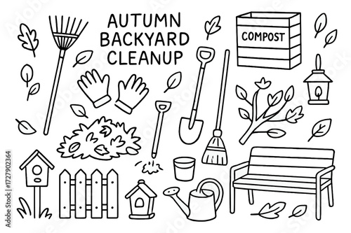 Autumn Garden Cleanup. Hand-drawn doodle illustration [Autumn Backyard Cleanup] [garden rake, compost bin, leaf pile, shovel, gloves, broom, trash bag, bucket,