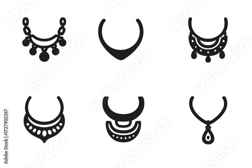 Necklace Style Icons. Solid, filled icon set of necklace styles: vintage, modern, boho, minimalist, statement, ethnic, romantic, elegant. Solid, filled icons