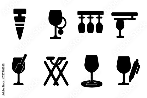 Wine Glass Accessories Icons. Solid, filled icon set of wine glass accessories: wine glass stopper, wine glass charms, wine glass rack, wine glass holder,
