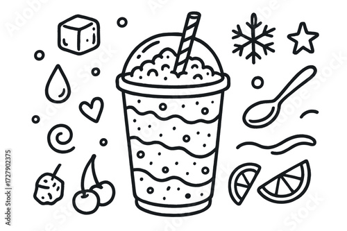 Rainbow Slush Doodle. Hand-drawn doodle illustration Rainbow slush layered cup, straw, dome lid, ice cube, snowflake, droplet, bubble, swirl, heart, star,