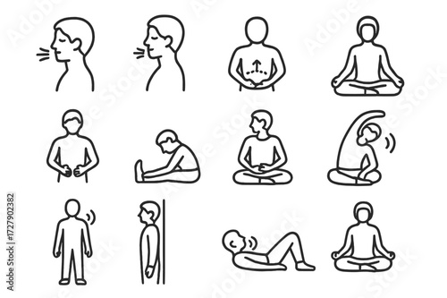 Breathing Exercise Icons. Breathing exercises. Line icon set of breathing exercises: deep inhale, deep exhale, diaphragmatic breathing, seated meditation,