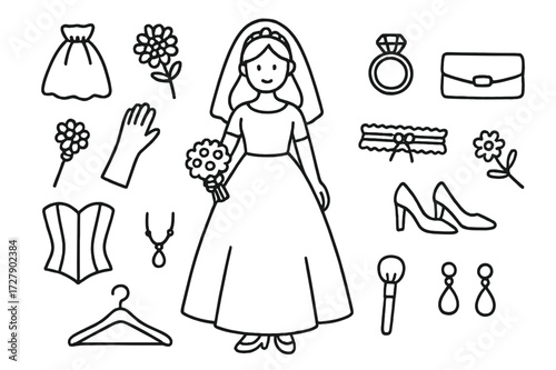 Bridal Icons Illustration. Hand-drawn doodle illustration [bridal evening style] [white gown, veil, bouquet, tiara, gloves, ring, clutch, heels, necklace,
