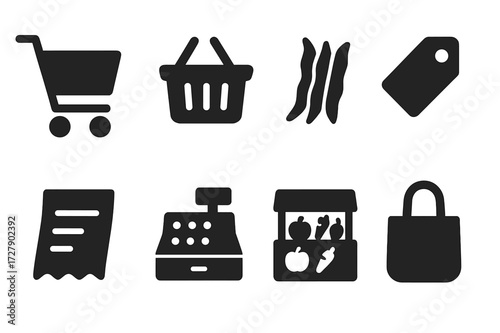 Grocery Icon Set. Solid, filled icon set of grocery shopping: shopping cart, basket, green beans, price tag, receipt, cash register, produce aisle, reusable
