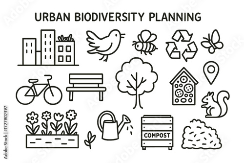 Urban Biodiversity Doodles. Hand-drawn doodle illustration [Urban biodiversity planning] [city skyline, rooftop garden, bird, bee, recycle icon,