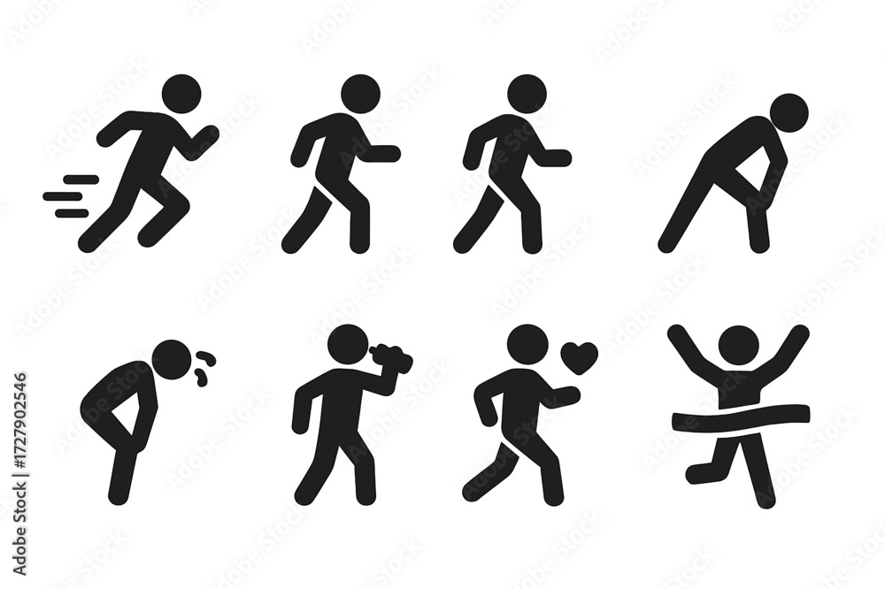 Naklejka premium Marathon Runner Icons. Solid, filled icon set of marathon runner movements: sprinting, pacing, jogging, stretching, breathing, hydration, endurance, finishing