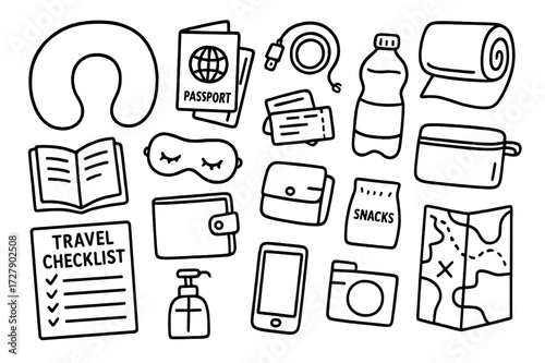 Travel Essentials Doodle. Hand-drawn doodle illustration travel essentials neck pillow, passport holder, boarding pass, charger, book, water bottle, travel