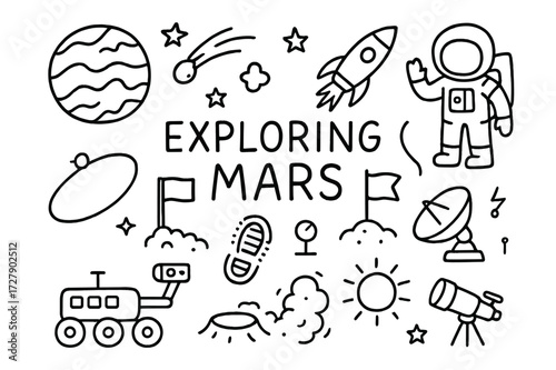Mars Exploration Doodles. Hand-drawn doodle illustration Exploring Mars mars planet, rover, astronaut, flag, rocket, satellite dish, dust cloud, crater, star,