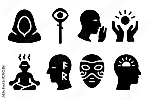 Prophetic Icons Grid. Solid, filled icon set of seers and prophets: hooded oracle, staff with eye, whispering face, glowing hands, trance figure, rune tattoos,