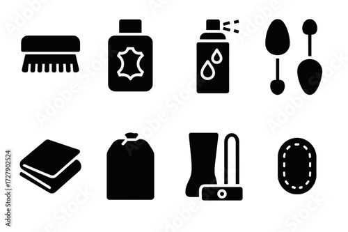 Boot Care Icons. Solid, filled icon set of boot care: cleaning brush, leather conditioner, water repellent spray, shoe trees, polishing cloth, storage bag,