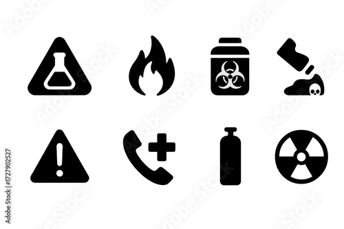 Hazard Alert Icons. Solid, filled icon set of hazard alerts: chemical hazard, flammable warning, biohazard container, toxic spill, warning triangle, emergency